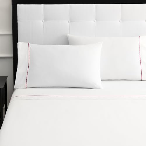 kate spade new york Dot Queen Sheet Set, 300 Thread Count and 100% Cotton, All Season 4 Piece Bedding Set, Machine Washable, White and Pink