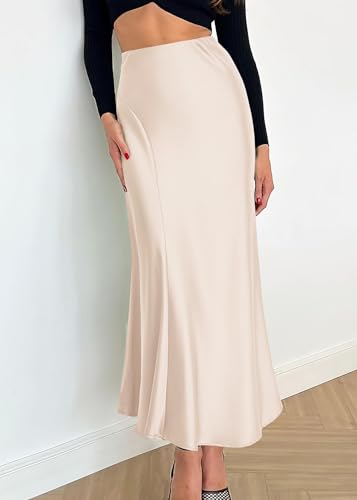Image of KIRUNDO Women's Satin Maxi Skirt 2026 Summer Fall Trendy High Waisted Wedding Cocktail Party Work Silk A-Line Formal Skirts