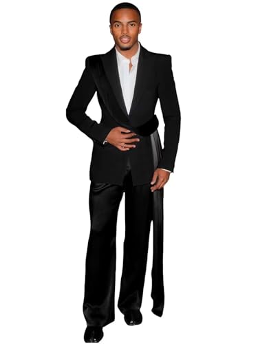 LEWIJO Black Wedding Men's Suits with Belt 2 Pcs Peak Lapel Jacket Trousers Street Shot Fashion Suit Single Breasted Prom Tuxedo Size 34