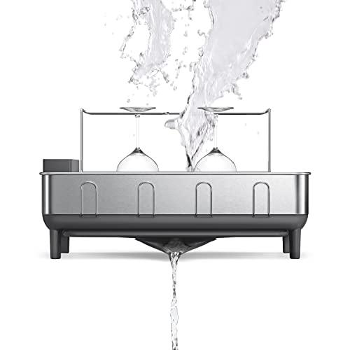simplehuman Large Capacity Dish Drying Rack with Stainless Steel Frame, 360º Easy Drain Swivel Spout, Utensil & Wine Glass Holder, Anti-Residue Coating, Moisture Control Surface, Grey