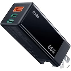 Ruko PD65W USB C Charger, 3-Port GaN Fast Charger Block, Compact Foldable Wall Charger for iPhone 17/16, MacBook Pro/Air, Galaxy S24, Pixel, Drone, Switch and More, Black