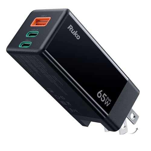 Ruko PD65W USB C Charger, 3-Port GaN Fast Charger Block, Compact Foldable Wall Charger for iPhone 17/16, MacBook Pro/Air, Galaxy S24, Pixel, Drone, Switch and More, Black