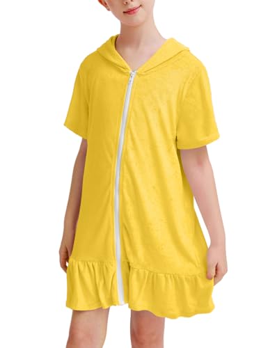 Swim Cover Up Girls Swimsuit 6-7 Years Old Hooded Yellow Short Sleeve Swimwear Rash Guard with Sun Protection - Main Image