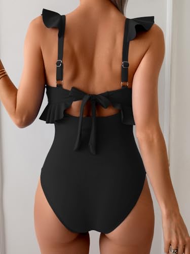 Eomenie One Piece Swimsuit for Women Tummy Control Ruffle Bathing Suit V Neck Ruched Swim Suit Slimming Cutout Swimwear2