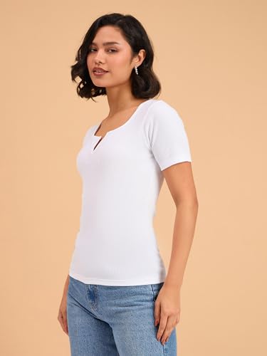 Image of barcino Beige Ribbed V-Neck Short Sleeves Top