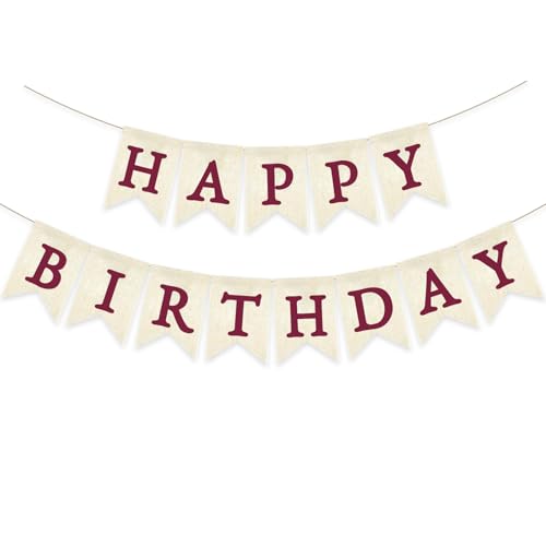 Burgundy Happy Birthday Banner Pre-strung Burlap Bunting Party Backdrop Sign Decoration