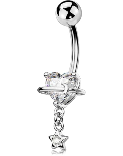 OUFER Dangle Belly Button Rings, 316L Surgical Steel Belly Rings for Women, 14G Heart Navel Piercing Jewelry, Star Dangling Clear CZ Curved Barbells 10MM