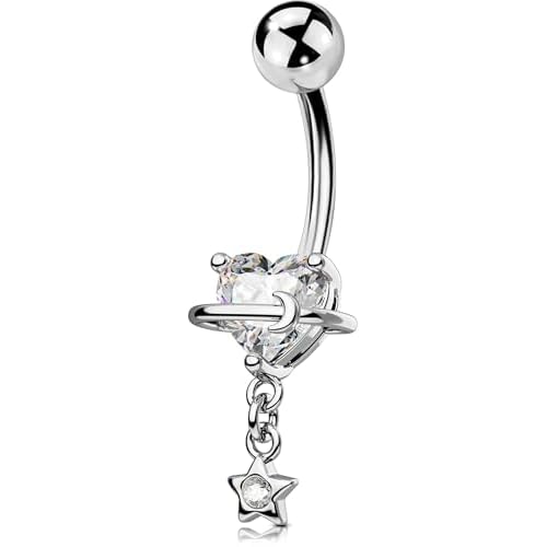 OUFER Dangle Belly Button Rings, 316L Surgical Steel Belly Rings for Women, 14G Heart Navel Piercing Jewelry, Star Dangling Clear CZ Curved Barbells Silver/Gold 10MM