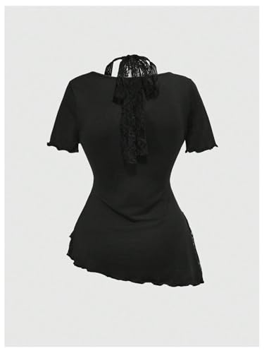 SOLY HUX Women's Y2k Grunge Goth T Shirts Short Sleeve Lace Halter Tee Tops Fairy Festival Rave Outfits2