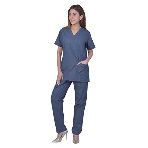 Image of UNISEX V-NECK POLYESTER COTTON MEDICAL SCRUB SUIT FOR DOCTORS (TOP AND BOTTOM) TRIPLE NEEDLE STITCH TOP WITH CHEST POCKET, DARK GREY, 40-L.