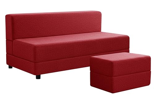 Image of 5X6-Feet Leg Sofa Cum Bed with Ottoman | Jute Fabric 3 Seater Convertible Sofa Bed | Modern Space Saving Furniture for Living Room | Red