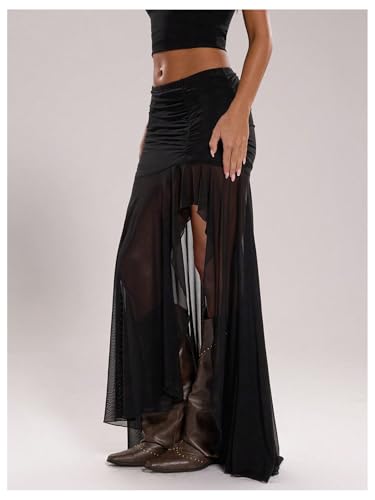 Verdusa Women's Sheer Mesh Pleated Maxi Skirt Split Thigh Asymmetrical Bodycon Long Skirts3
