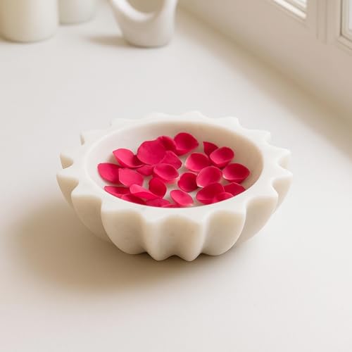 Image of Marble Urli Bowl for Decoration | Big Potpourri Decorative Bowls in Home decor | Large White Floating Flower Plates of Stone | Small Shape puja Item | (6 inch, Sunburst)