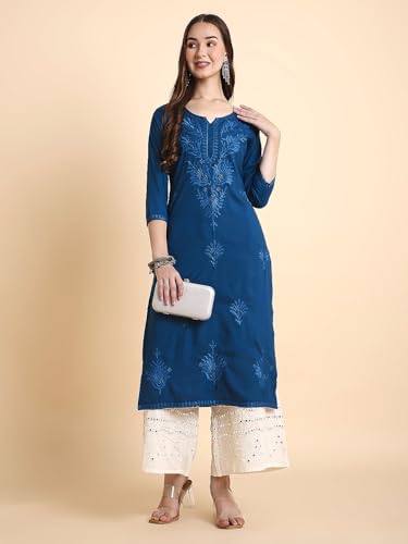 Image of RATAN Rayon Straight Lucknowi Chikankari Ethnic Wear Kurta for Women