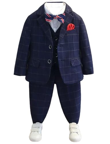 Costume de mariage 3 pièces garçon carreaux avec veste gilet pantalon bleu