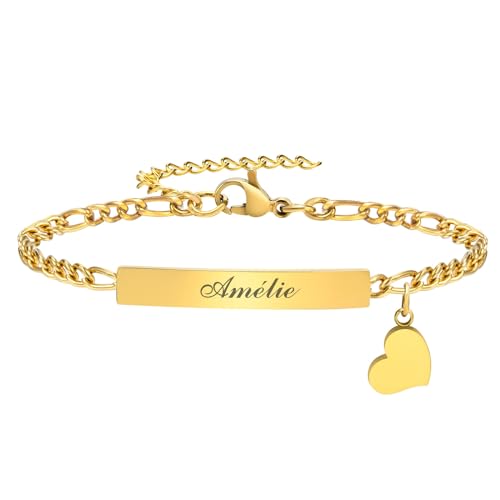 Bracelet Femme Personnalisé Chaine Reglable, Bracelet Gravé Prénom Date Coeur en Acier Inoxydable Chaîne Figaro Cubain Argenté, Bijoux Cadeaux pour Femmes...