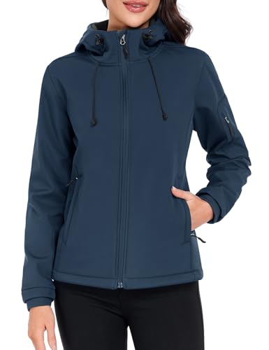 CMTOP Veste Softshell Femme Doublé Polaire Chaud Parka Imperméable À Capuche, Hydrofuge Coup-Vent Veste de Pluie d'Extérieur Veste mi Saison avec Poches À...