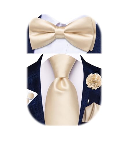 Image of Hi-Tie 5Pcs Mens Solid Color Silk Tie Satin Pretied Bowtie Lapel Pin for Men Handkerchief Cufflink Wedding Gift Box