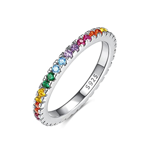 Emmie Jewelry Eternity Ring 925 Silber mit Bunte Zirkonia Steine | Damenring mit Regenbogen-Steinen rundherum | Rainbow Ringe für Damen, Frauen Schmuck (52, Silber)