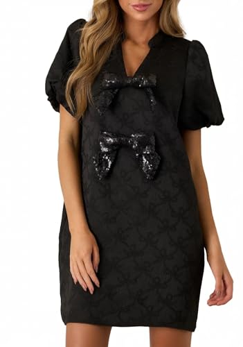 LifeShe Womens Bow Jacquard Mini Dress Puff Short Sleeve Bow Front Shift Dress Elegant Sparkly Party Dresses