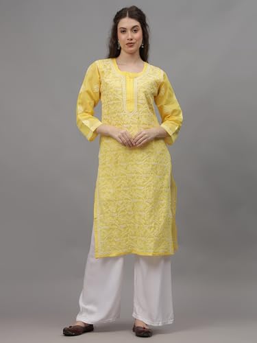 Image of Seva Chikan Hand Embroidered Lucknowi Chikankari Yellow Terivoil Cotton Kurta for Women SCL4520