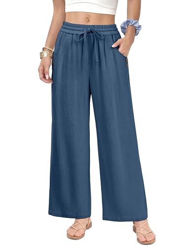 Image of KICZOY Women Flowy Pants Drawstring Waist Wide Leg Palazzo Beach Pants Loose Fit with Pockets