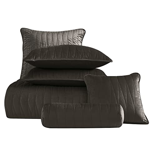 Brielle Home Premium Heavy Velvet Quilt Set With Cotton Backing, Twin, Charcoal #TOP4