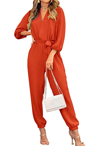 PRETTYGARDEN Women's Fall Jumpsuits Dressy Casual Pants Romper Spring Long Sleeve V Neck Belt Pockets One Piece Outfits