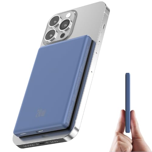 Ultra Slim iPhone Powerbank für Magsafe, Ntaanoo Magnetische Power Bank Induktives Laden 5000mAh, 20W Schnellladung Wireless Externe Handyakkus Kabelloses Akkupack für iPhone 17/16/15/14/13/12 Blau