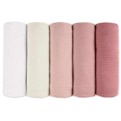 Image of Muslin Receiving Blankets, Neutral Blanket Swaddling for Newborn Boys and Girls, 5 Pack Breathable and Skin-Friendly Swaddle Wrap for Infant Baby (Sweet Colors)