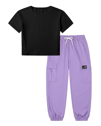 Image of Betusline Girls Fall Winter Clothing Sets, Long Sleeve Crop Top & Cargo Jogger Pants 2 Piece Outfit Sets,4T-14Y