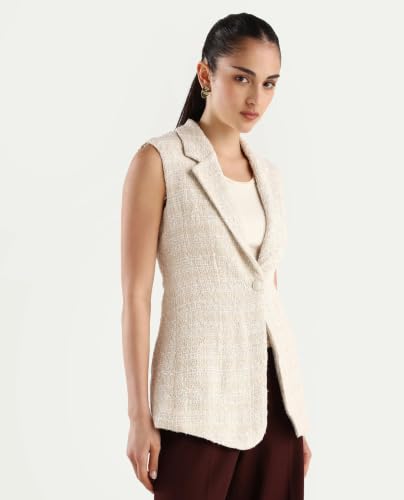 Image of Rareism Fitted Solid Beige Polyester Blend Sleeveless Lapel Coat