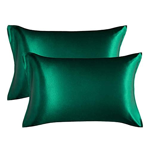 MEGA BUCKET Luxurious Satin Silk Pillow Cover Set of 2 for Hair and Skin with Envelope Closure Premium Ultra Soft Designer fancy Home Décor Pillowcase Cushion Regular Size Dark Green (L 20 x W 27 INCH)