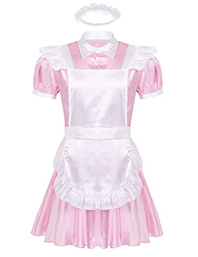Sywiyi Men's Sissy Satin Maid Outfit Crossdresser Babydoll Nightdress with Apron Headband 3Pcs Set2