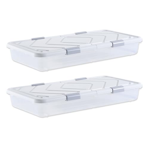 VEVOR Contenedor de Almacenaje para Debajo de Cama 2 Piezas 101 x 51 x 15 cm Caja de Plástico Bajo Cama con Tapa y Cierre Organizador de Ropa, Zapatos, Mantas para Dormitorios, Salas de Estar