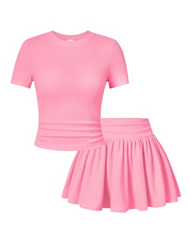 PATPAT Girls Skirt Sets Size 11-12 Years Pink Crop Tops and Elastic Waisted Pleated Skorts 2 Piece Outfits Girls Y2K Outfits Kids Clothes Summer Clothes Clothing Sets