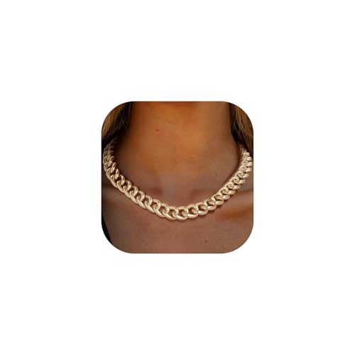 Chunky Gold Necklace for Women, 14K Gold Cuban Chain with Oval Spring Ring, 13MM/16MM/23MM 14K Gold Plated Womens Gold Chain Necklace Hip Pop Trendy Jewlry Gifts 18 inchs 13MM -14K Gold