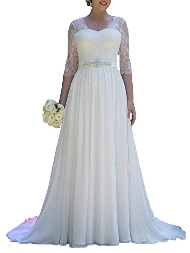 Meganbridal Plus Size A Line Lace Wedding Dresses for Bride with Train 3/4 Sleeves Beaded Sashes Bridal Gowns White