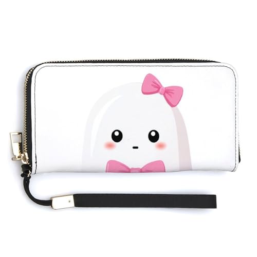 Cartoon Ghost Pink Coquette Bow PU Leather Clutch Long Bifold Wallet, Coin Purse Credit Pass Case, Durable Card-Holder Money Storage for Women Men