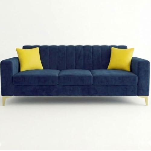 Image of FURNY Alona 3 Seater Fabric Sofa Set (Dark Blue) Premium Velvet Finish Durable & Comfortable| Ideal for Living Room, Offices