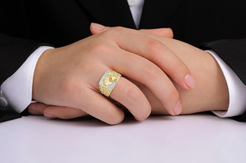 Image of Rylos Men's Yellow Gold-Plated Sterling Silver Lucky Nugget Horse Head Ring with 6X4MM Gemstone and Diamonds - Birthstone Elegance for Men, Sizes 8-13 Available