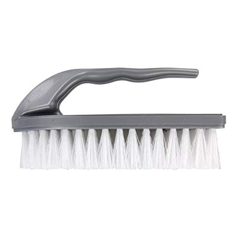 Elliott Iron Shaped Scrubbing Brush with Curved Grip Handle, Durable hard synthetic plastic fibres, Ergonomic shape ideal for deep cleaning, BPA free in a Silver colour Cover