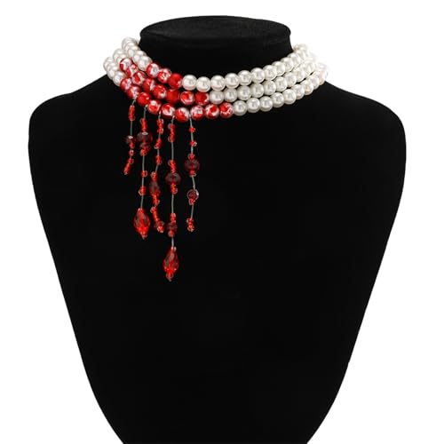 Gothic Blood Pearl Necklace for Women, Adjustable Dripping Blood Choker Layered Bleeding Pearls Necklaces Punk Bloody Tassel Clavicle Halloween Jewelry3