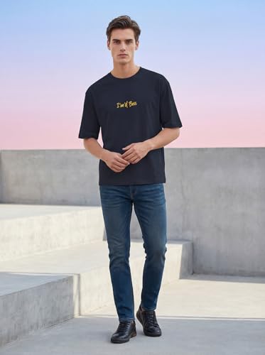 Image of BULLMER Peach Trendy Front Printed oversized Round Neck T-shirt for men