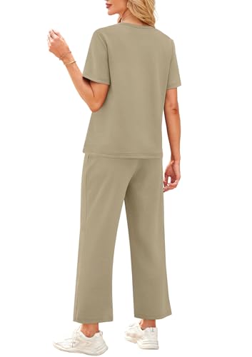 Image of WIHOLL 2 Piece Sets for Women Casual Summer Travel Vacation Outfits Short Sleeve Wide Leg Crop Pants Lounge Sets