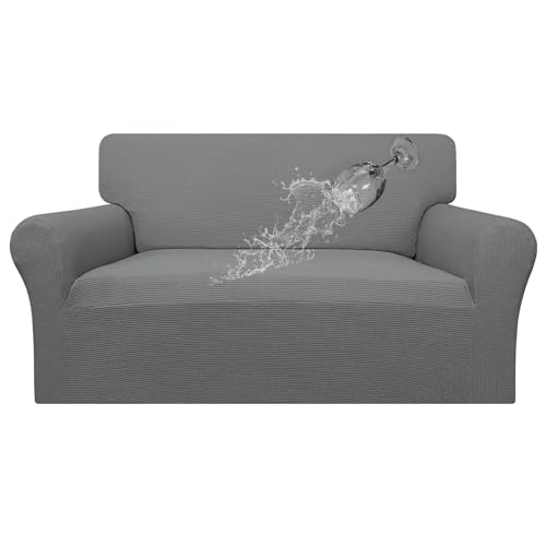 Image of Easy-Going 100% Waterproof Loveseat Couch Cover Stretch Jacquard Sofa Cover | Dual Waterproof Sofa Slipcover, Leakproof Furniture Protector for Kids, Pets, Dog and Cat (Loveseat, Grey)