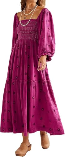 R.Vivimos Women's Cotton Floral Embroidered Boho Midi Dress, Fuchsia, Large