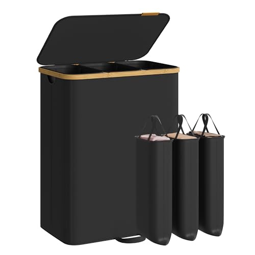 SONGMICS Laundry Hamper, Laundry Sorter with Lid, Storage Basket Bin, Removable Liners, Bamboo Frame, for Bedroom, 3 Sections, 44.9 Gal. (170 L), Ink Black ULCB533BH01 Ink Black 170 L (3-Sec