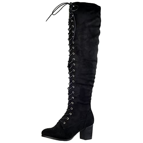 Generation Y Women Knee High Boots Chunky Block Heel Retro Lace Up Western Shoes