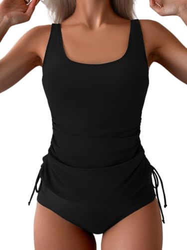 B2prity Tummy Control Tankini Swimsuit for Women Ruched Two Piece Bathing Suit Drawstring Swimwear with Bottom
